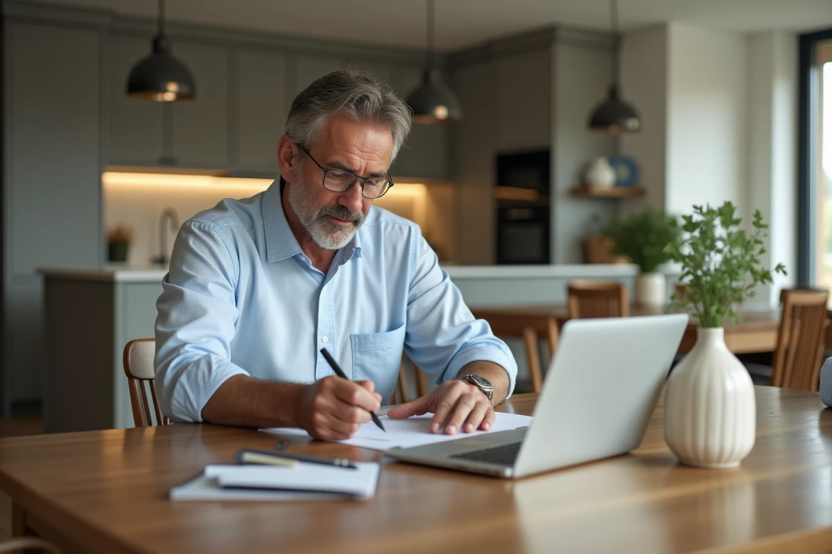 Homme prenant des notes à une table de salle à manger spacieuse