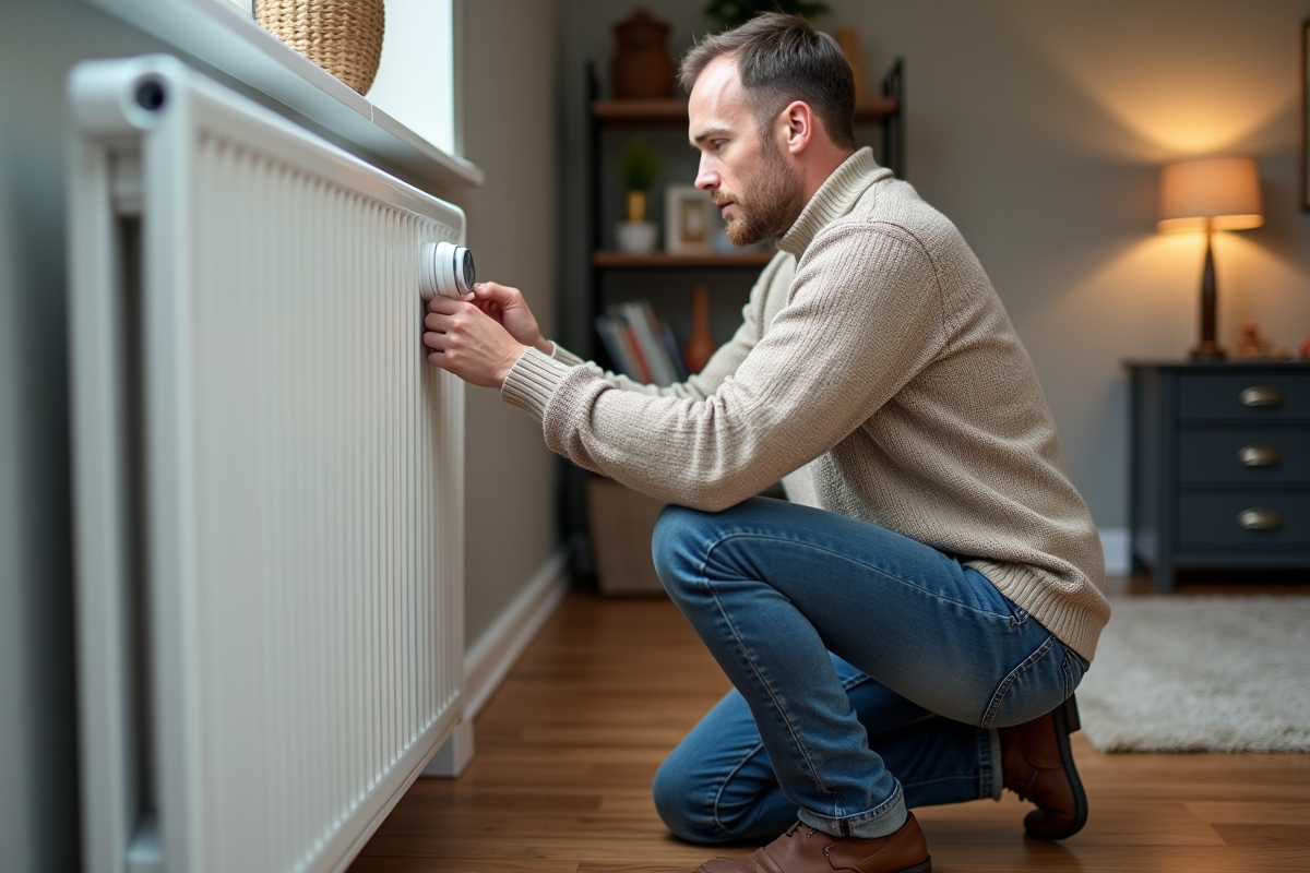 Homme d'âge moyen réglant le thermostat dans un sous-sol moderne