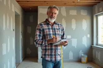 Homme en plaid prenant des mesures dans une pièce en rénovation