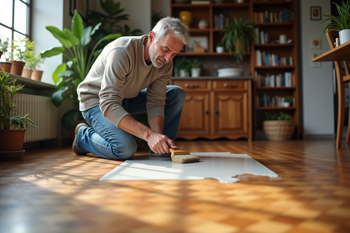 Homme appliquant un revetement sur parquet ancien