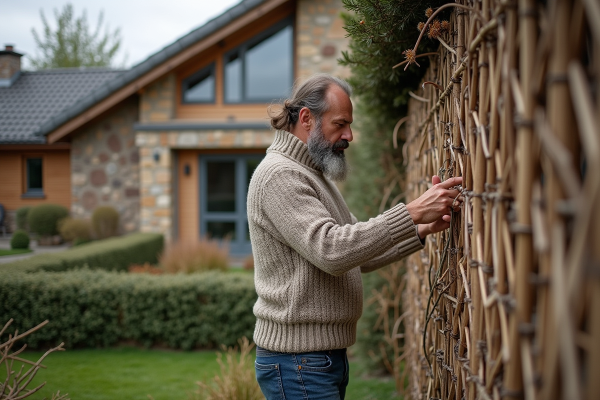 Homme réparant une clôture en osier près d