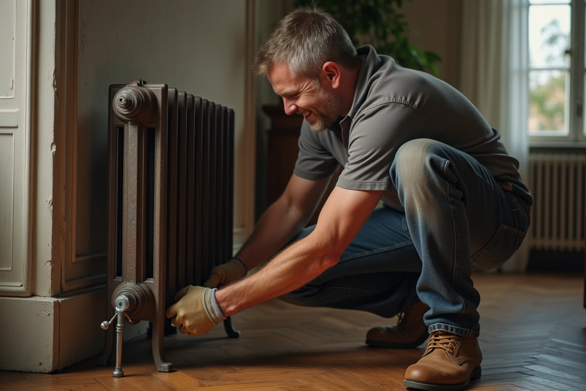 Homme en tenue de travail fixant un radiateur ancien