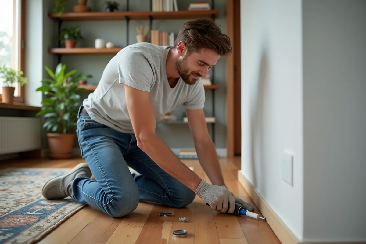 Jeune homme scellant une fissure au sol dans un salon chaleureux