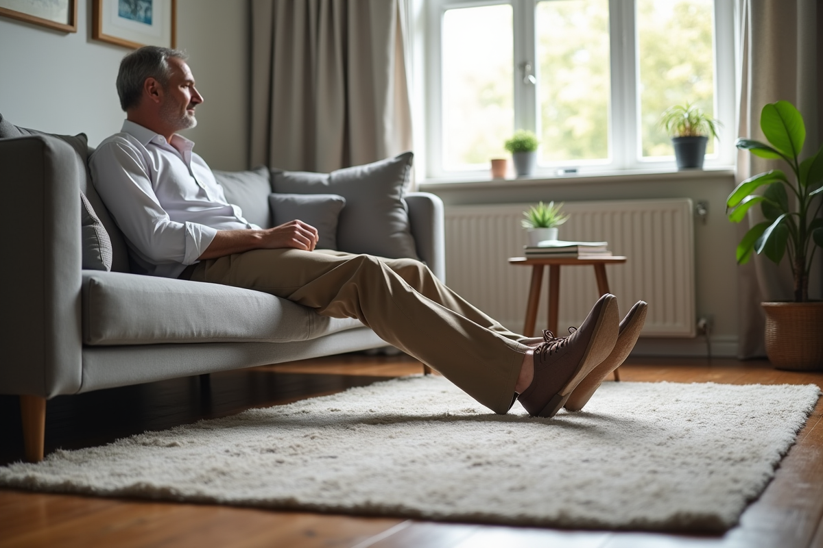 Homme détendu sur un canapé avec un tapis dans un appartement cosy