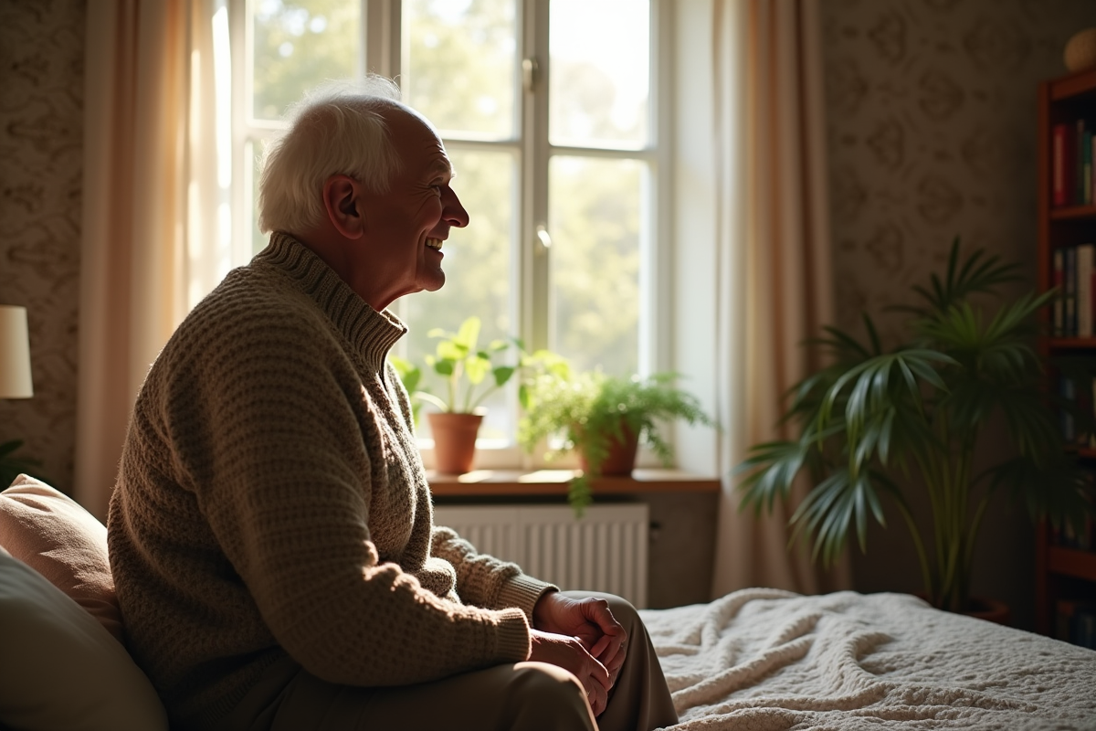 Homme âgé assis sur le lit regardant par la fenêtre ensoleillée