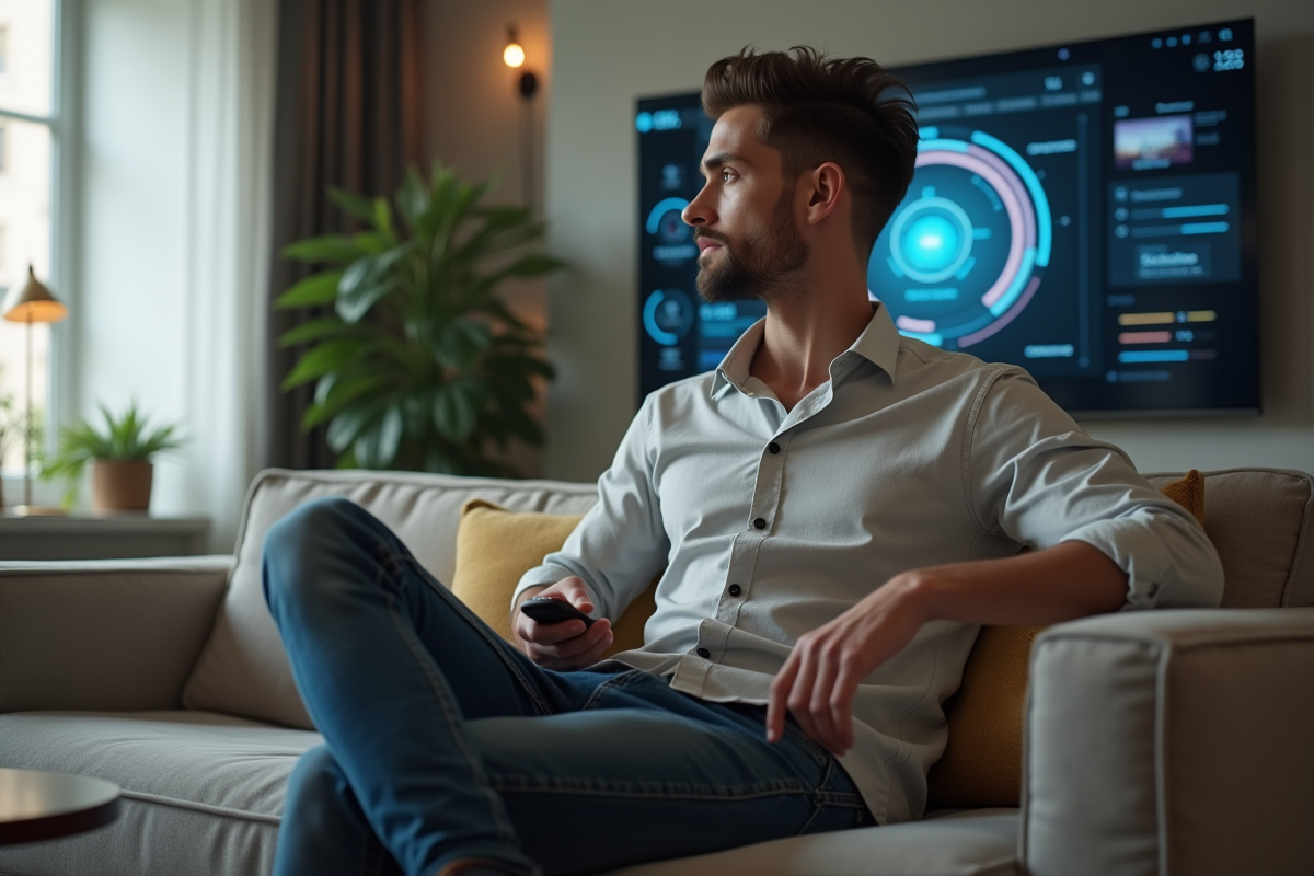 Jeune homme dans un salon regardant une télévision futuriste