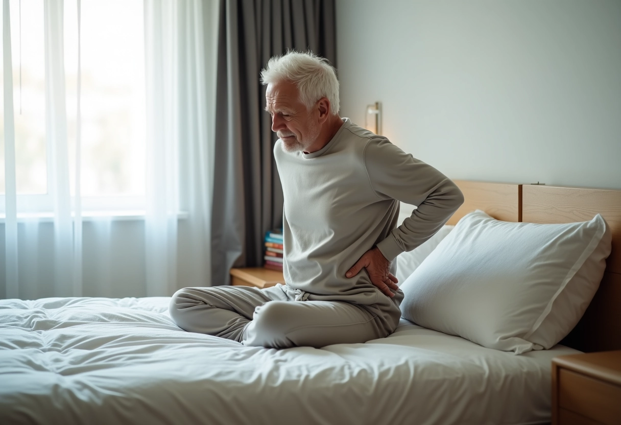 Homme âgé assis sur un matelas en contemplant son dos