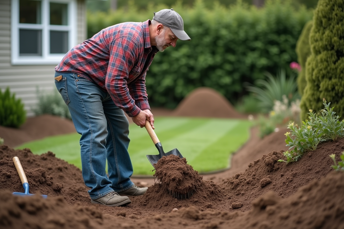 Homme en jeans et chemise à carreaux travaillant dans le jardin
