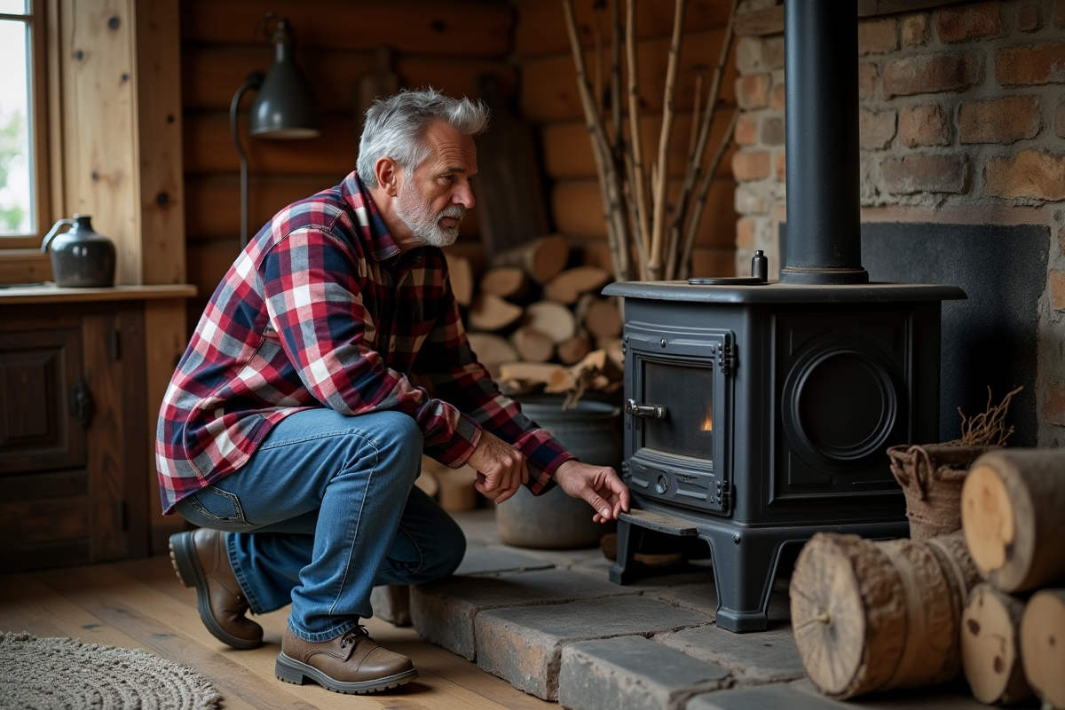 Homme d'âge moyen inspectant un poêle en fonte dans un intérieur rustique