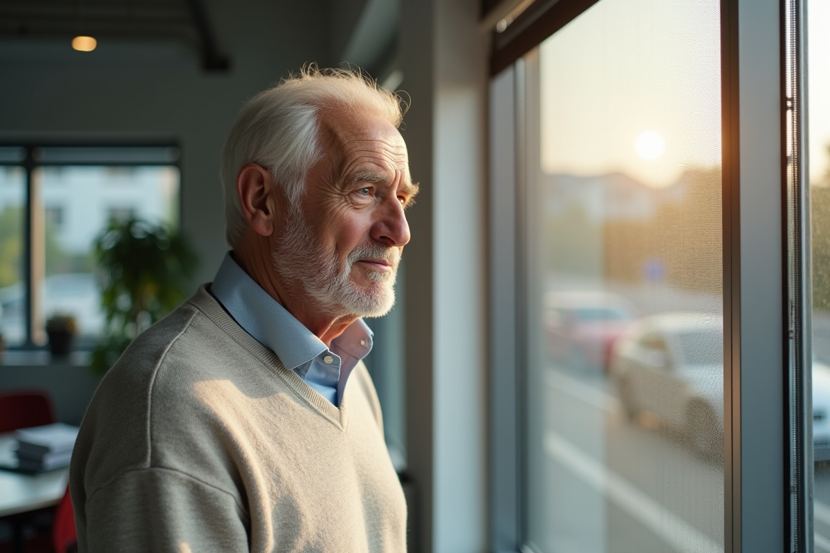 Homme âgé inspectant un volet solaire dans un bureau lumineux