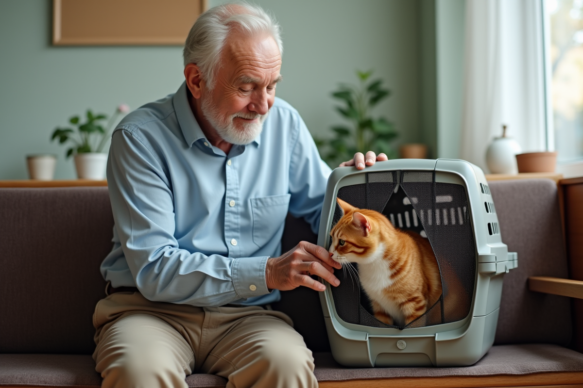 Vétérinaire âgé caressant un chat dans une clinique