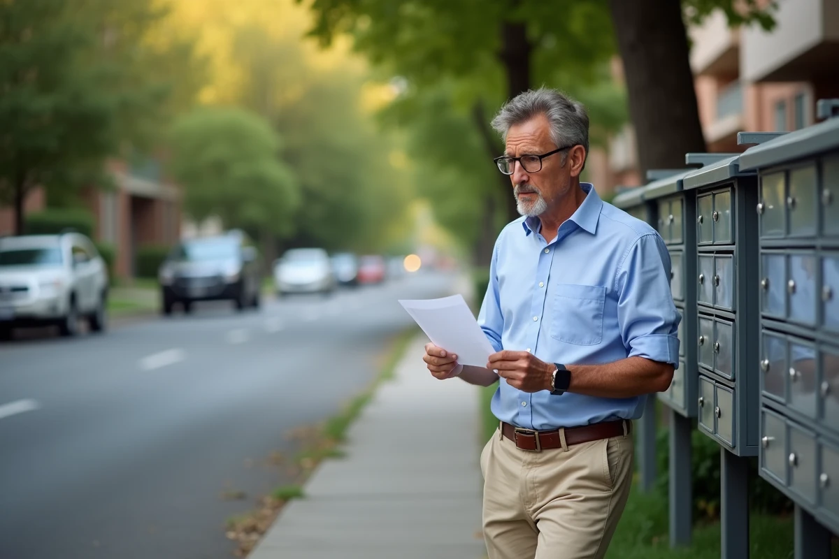 Homme de 40 ans devant une boite aux lettres dans la rue
