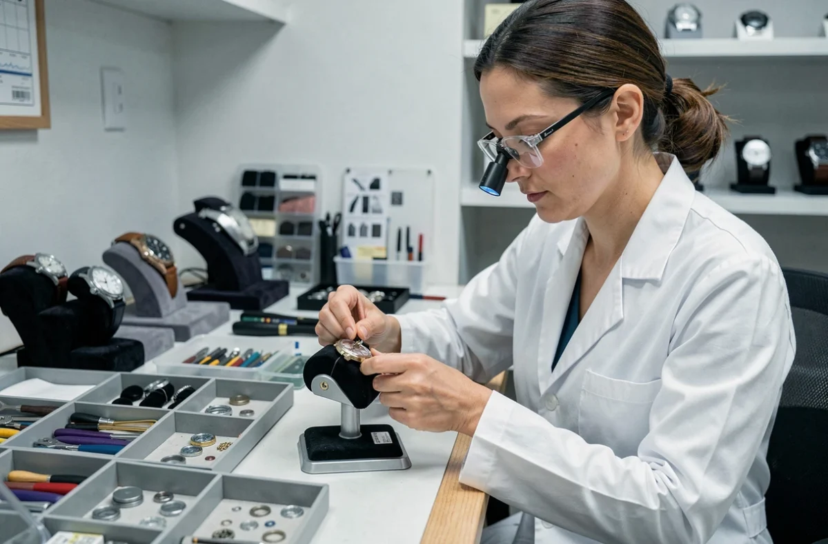 Horlogère professionnelle en train de changer la pile d'une montre élégante dans un atelier de réparation spécialisé