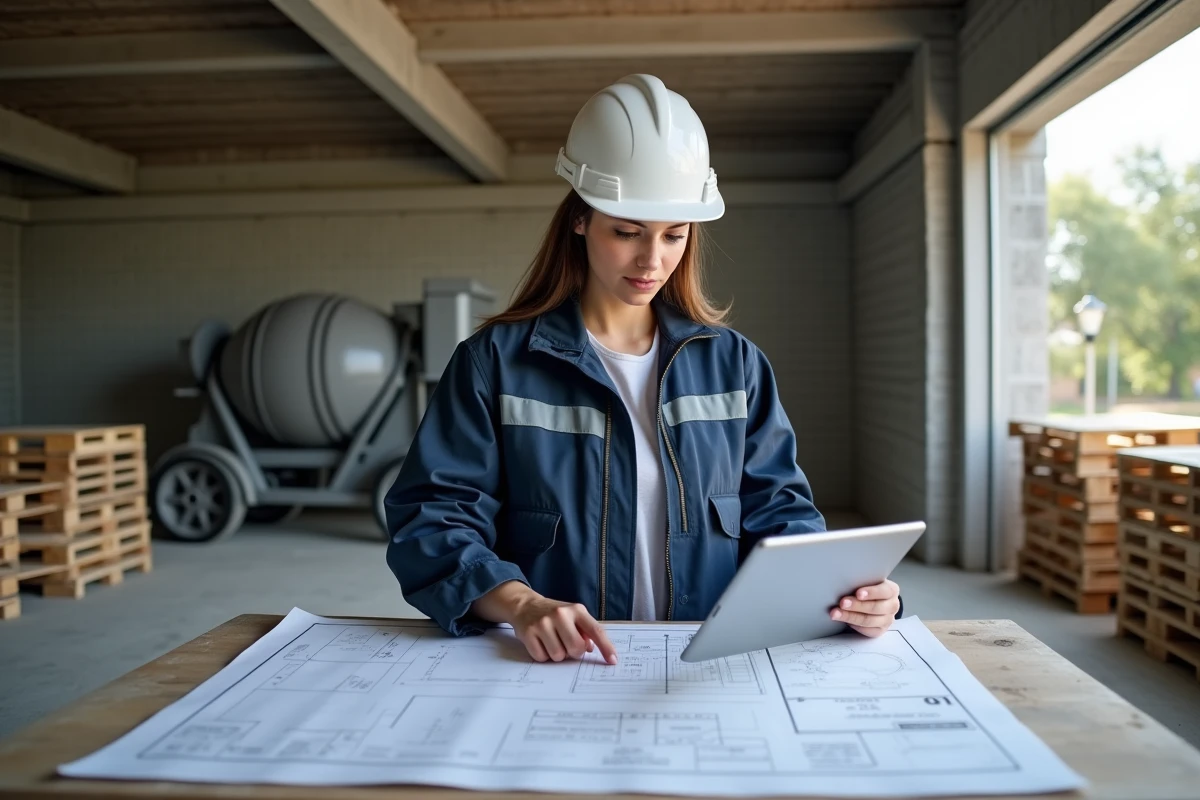Ingénieure en génie civil consultant un calculateur de mètres cubes de béton sur tablette sur un chantier
