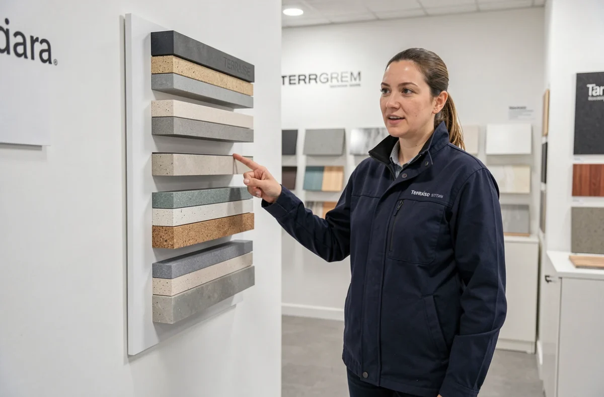 Ingénieure en structure présentant une coupe transversale d'un système de terrasse avec ses composants et contraintes de charge dans un showroom professionnel