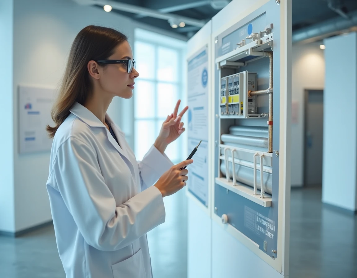 Ingénieure en réfrigération présentant une coupe transversale d'un système frigorifique industriel dans un centre de recherche sur l'efficacité énergétique