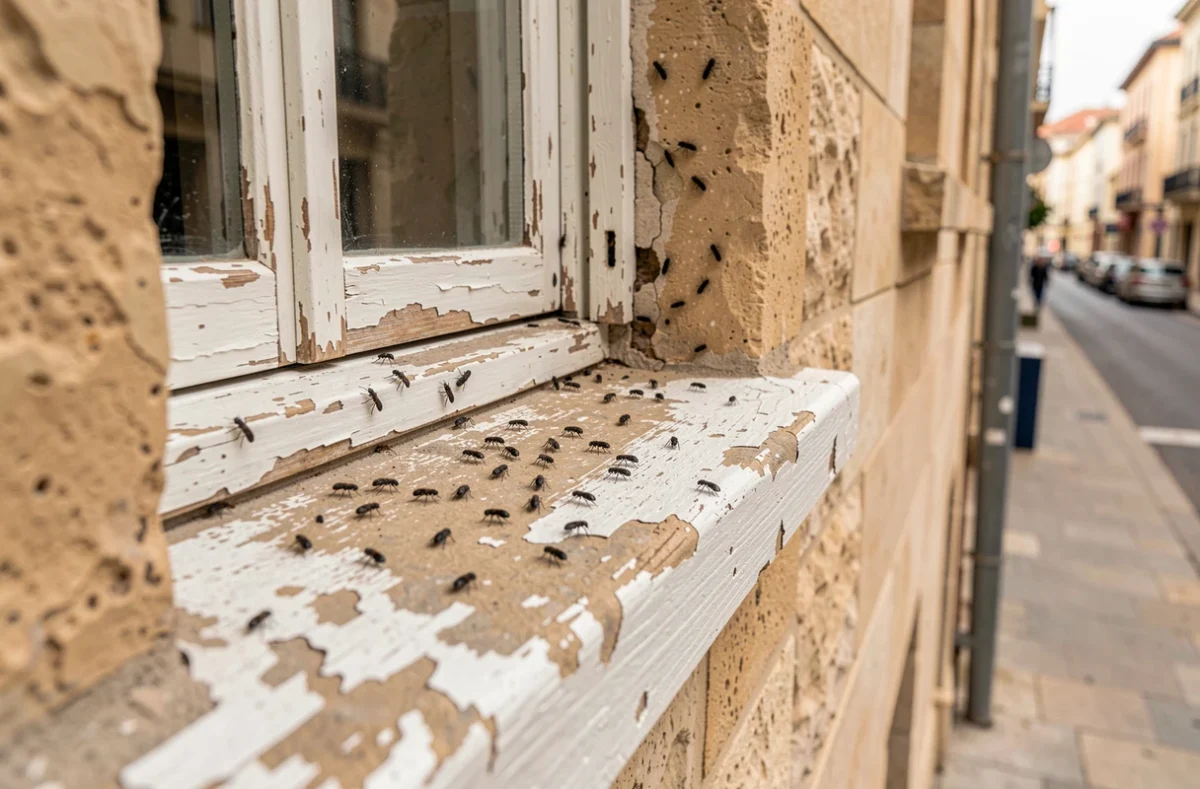 Insectes noirs sur le rebord extérieur d'une vieille fenêtre en pierre usée