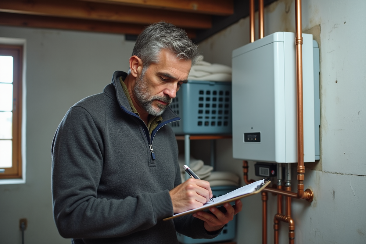 Homme d'âge moyen inspectant un chauffe-eau électrique mural