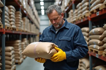 Employé de entrepôt inspectant un sac de granulés bois certifiés dans un entrepôt Leclerc