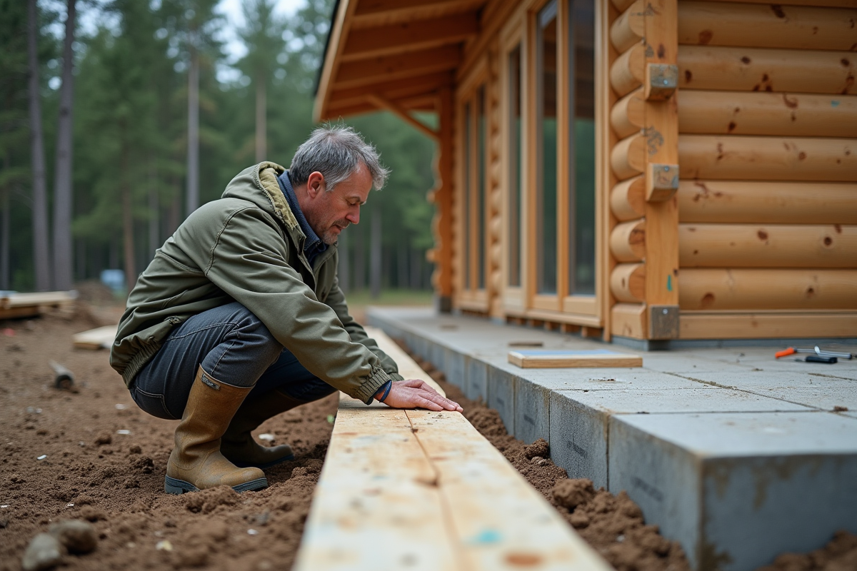 Homme inspectant la fondation en béton d'une cabane en bois