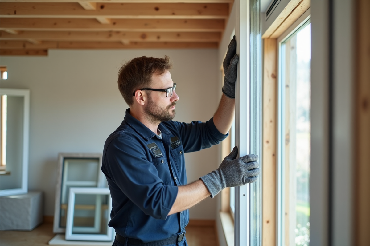 Homme moyenâgeux en overalls posant une grande fenêtre