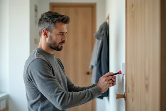 Homme installant un capteur d'alarme sans fil Homiris sur un cadre de porte dans un appartement moderne