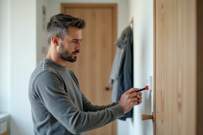 Homme installant un capteur d'alarme sans fil Homiris sur un cadre de porte dans un appartement moderne