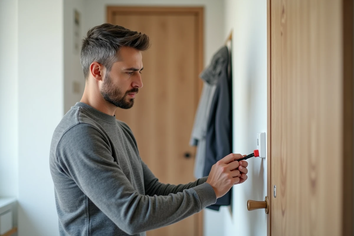 Homme installant un capteur d'alarme sans fil Homiris sur un cadre de porte dans un appartement moderne