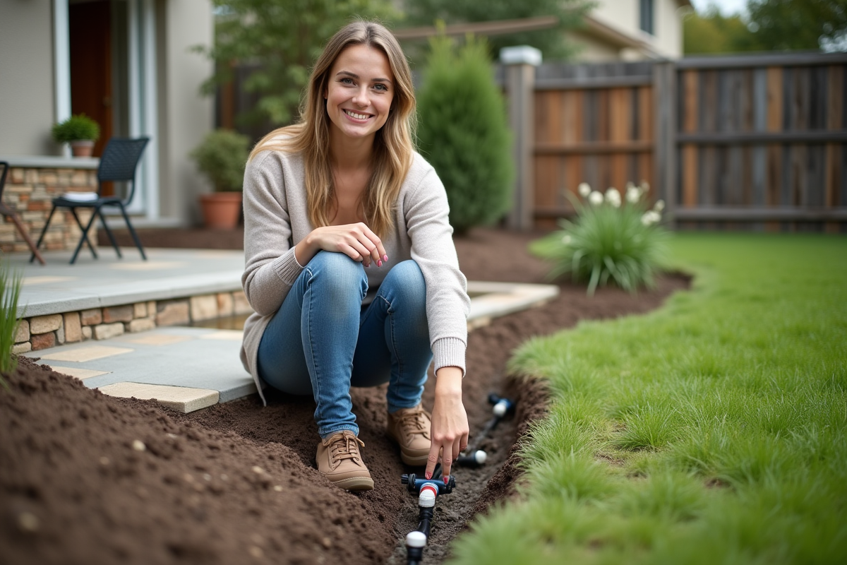 Jeune femme montrant un raccord de tuyau d