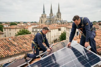 Deux techniciens installant des panneaux solaires sur un toit en tuiles à Limoges avec la cathédrale Saint-Étienne en arrière-plan