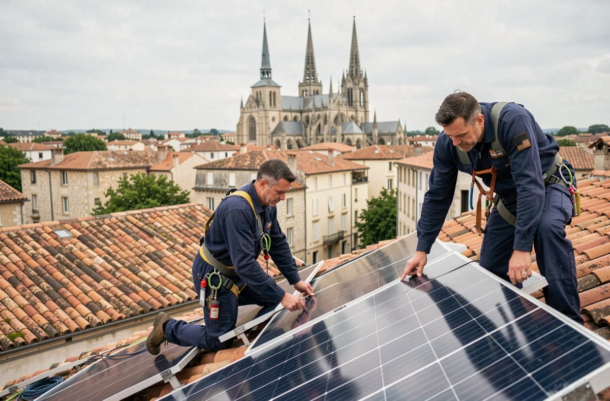 Deux techniciens installant des panneaux solaires sur un toit en tuiles à Limoges avec la cathédrale Saint-Étienne en arrière-plan