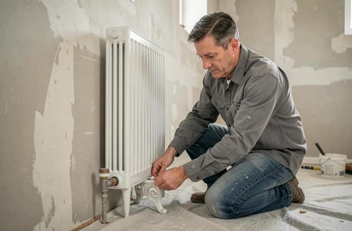 Homme installant un pied de radiateur en fonte au bas d'un radiateur à colonne blanc lors d'une rénovation intérieure