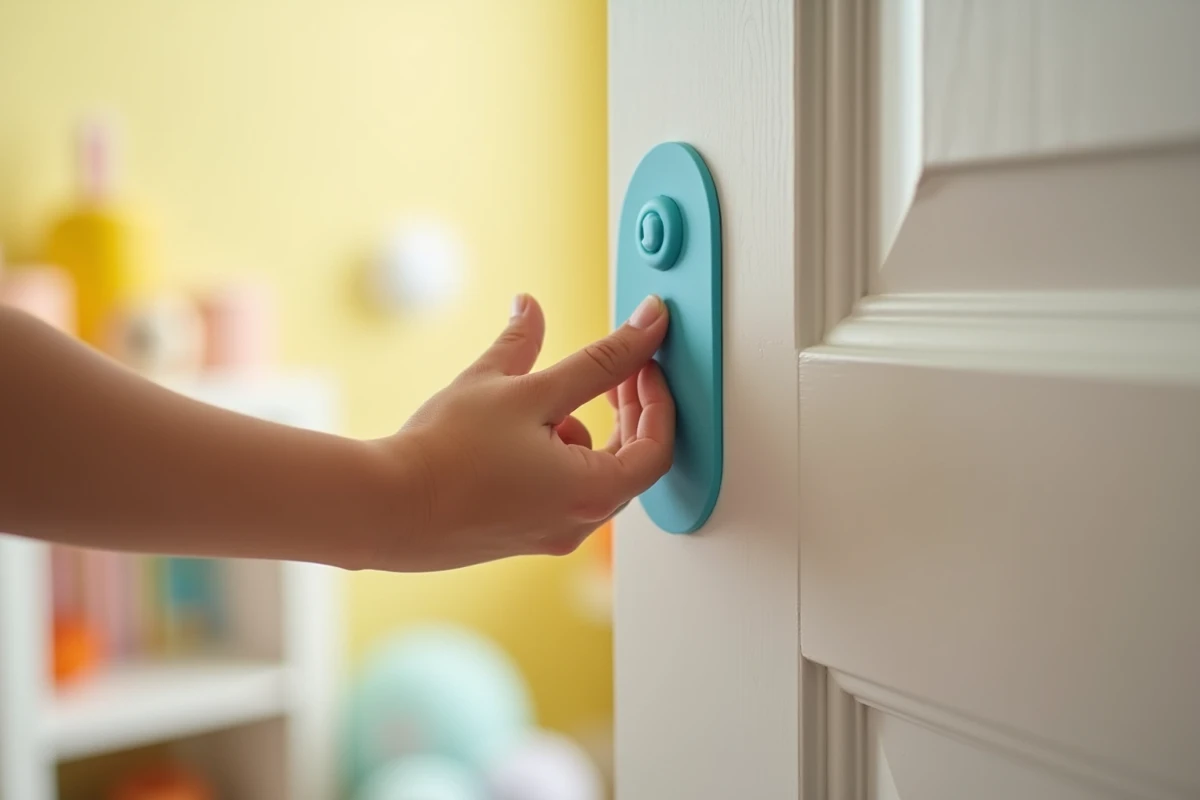 Main d'un parent installant un protège-doigts en silicone coloré sur une porte de chambre d'enfant pastel pour prévenir les pincements
