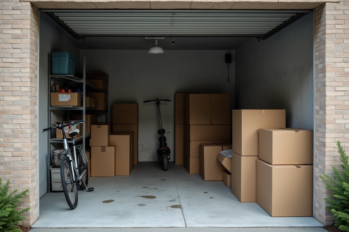 Intérieur d'un box garage avec vélo, scooter et cartons entreposés par des colocataires