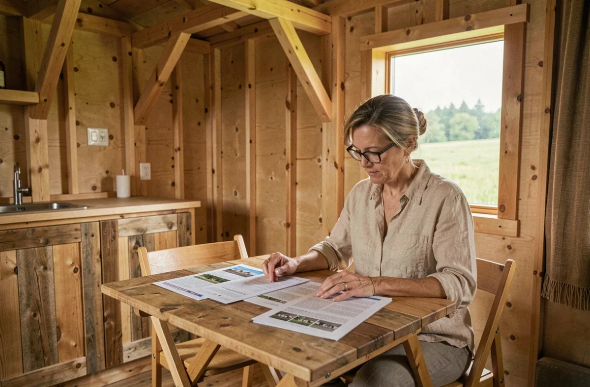 Femme consultant des documents de réglementation d'urbanisme à l'intérieur d'un chalet modulaire en bois