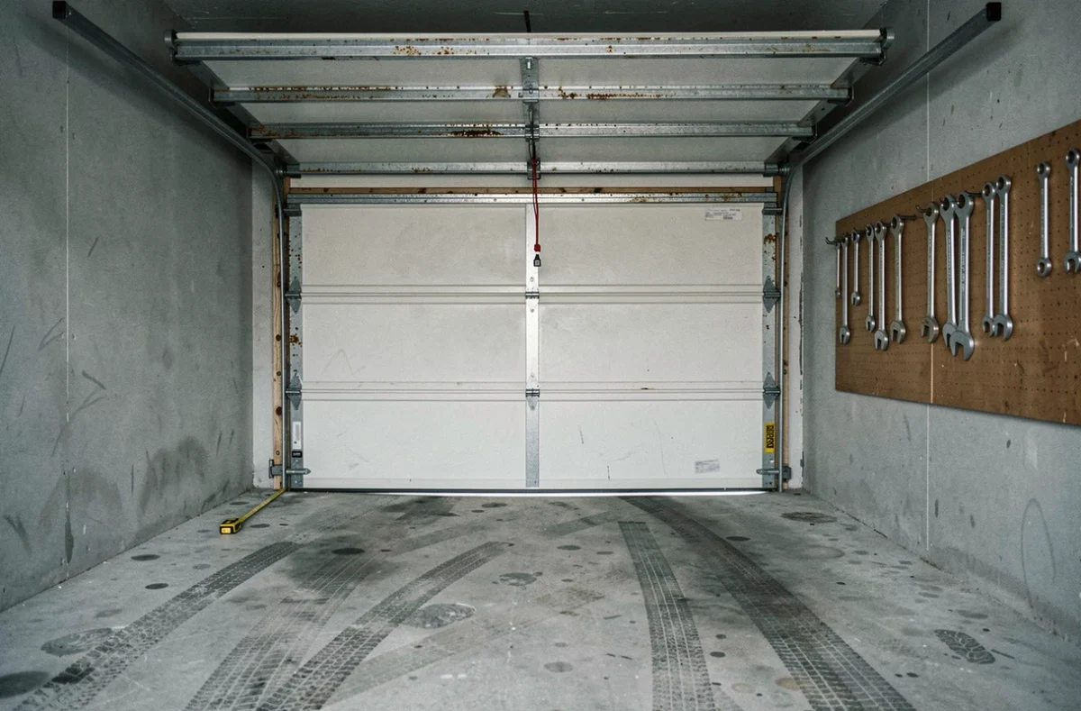 Intérieur d'un garage étroit avec mécanisme de porte sectionnelle standard et mètre ruban au sol pour mesurer la largeur