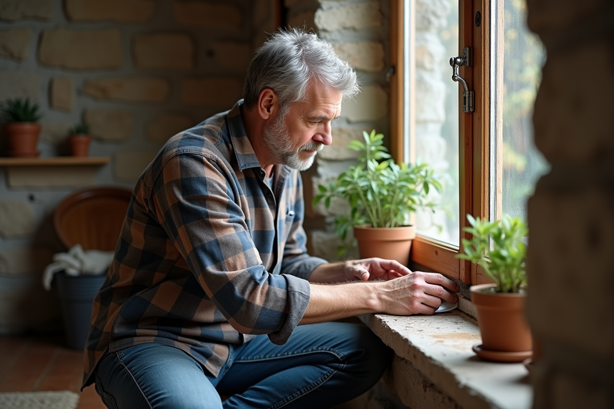Homme d'âge moyen appliquant du ruban isolant sur une vieille fenêtre en bois dans un salon chaleureux