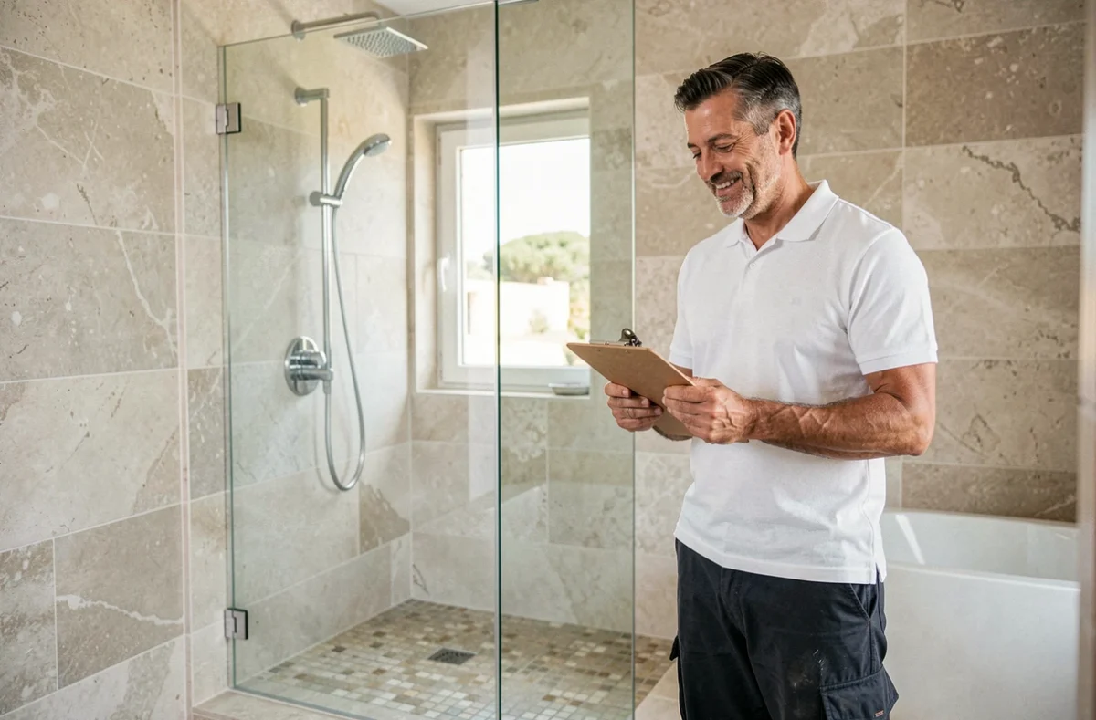 Artisan J. Calia présentant une installation de douche en verre et pierre naturelle dans une salle de bain haut de gamme