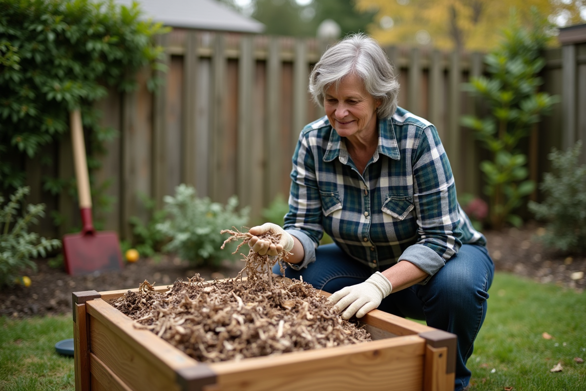 Femme au jardin compostant avec gants et chemise à carreaux