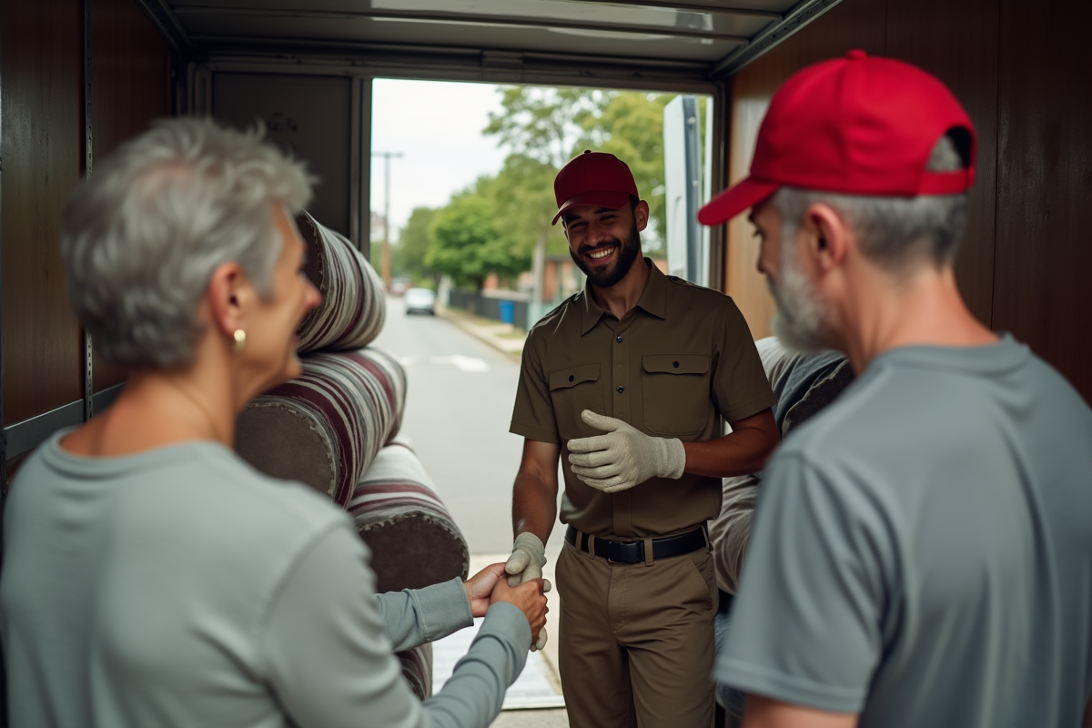 Jeune déménageur en uniforme dans un camion avec un couple satisfait