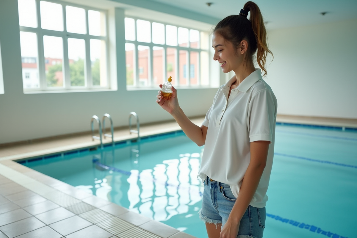 Jeune femme versant un traitement dans la piscine intérieure