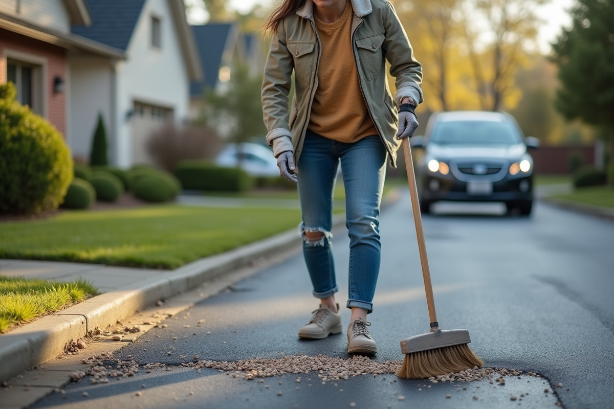 Jeune femme brossant le gravier sur la route