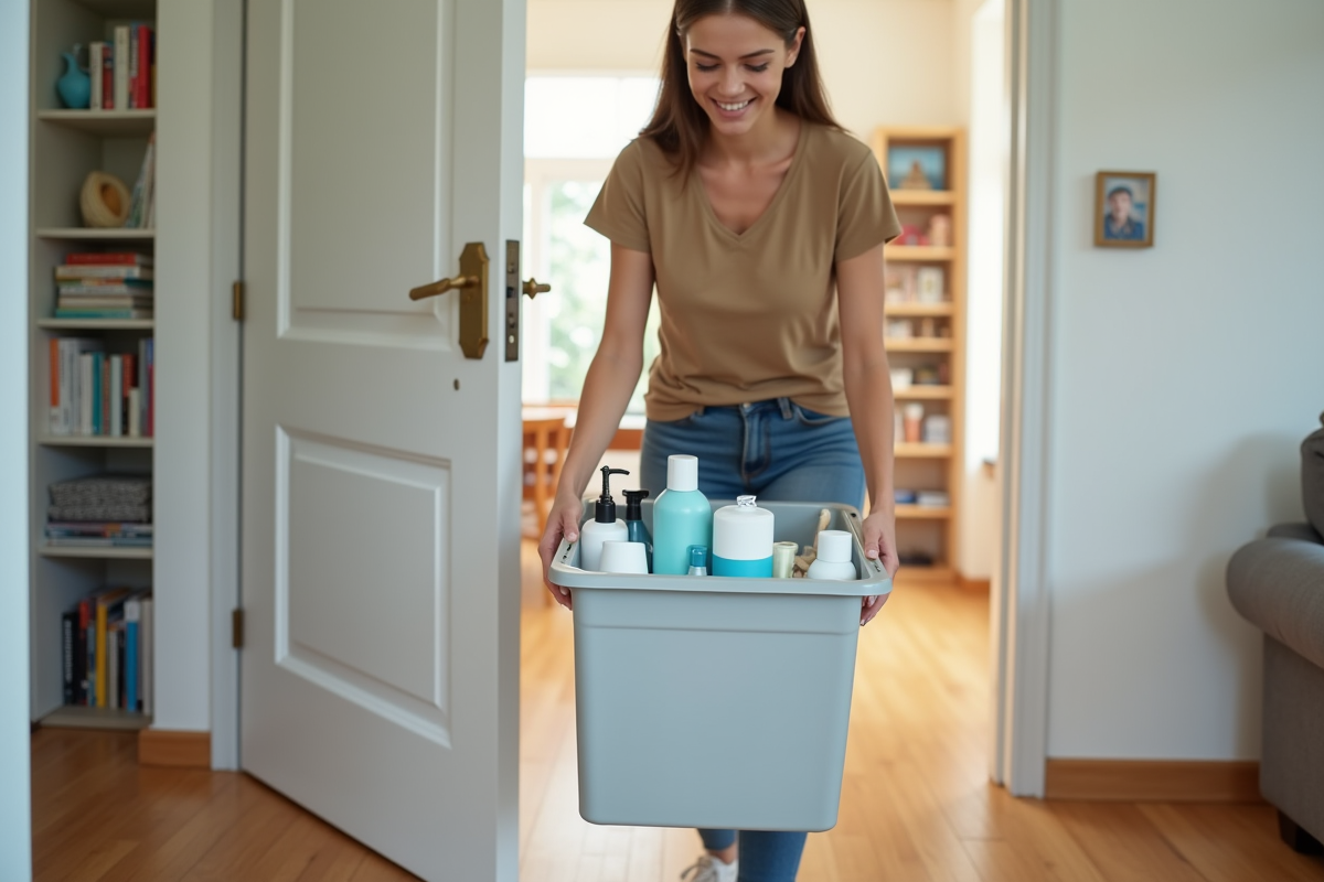 Jeune femme déménageant avec une caisse de produits de toilette