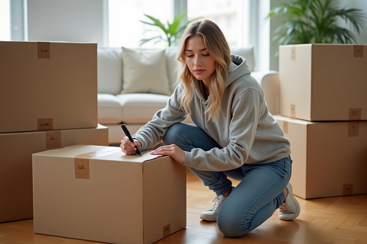 Jeune femme étiquetant des cartons dans un salon lumineux
