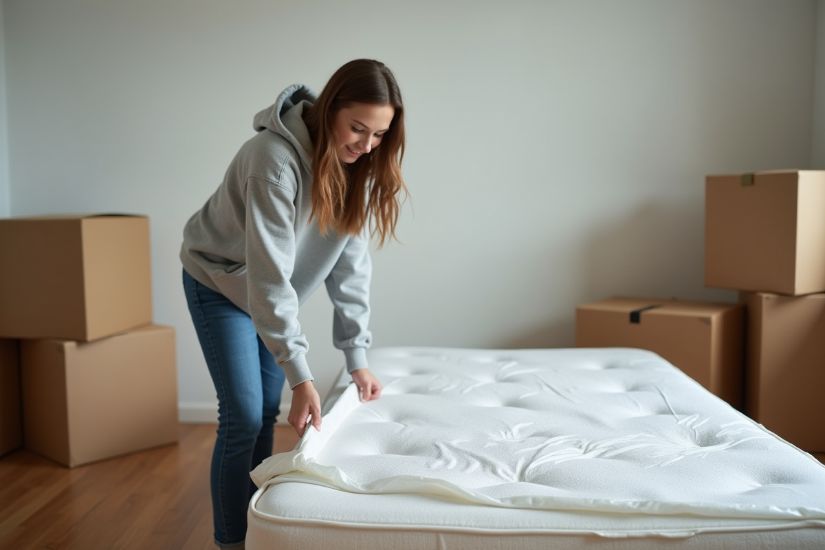 Jeune femme emballant un matelas dans un appartement moderne