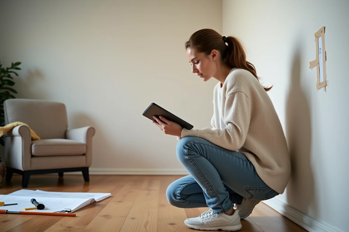 Jeune femme consulte un plan dans un salon en travaux