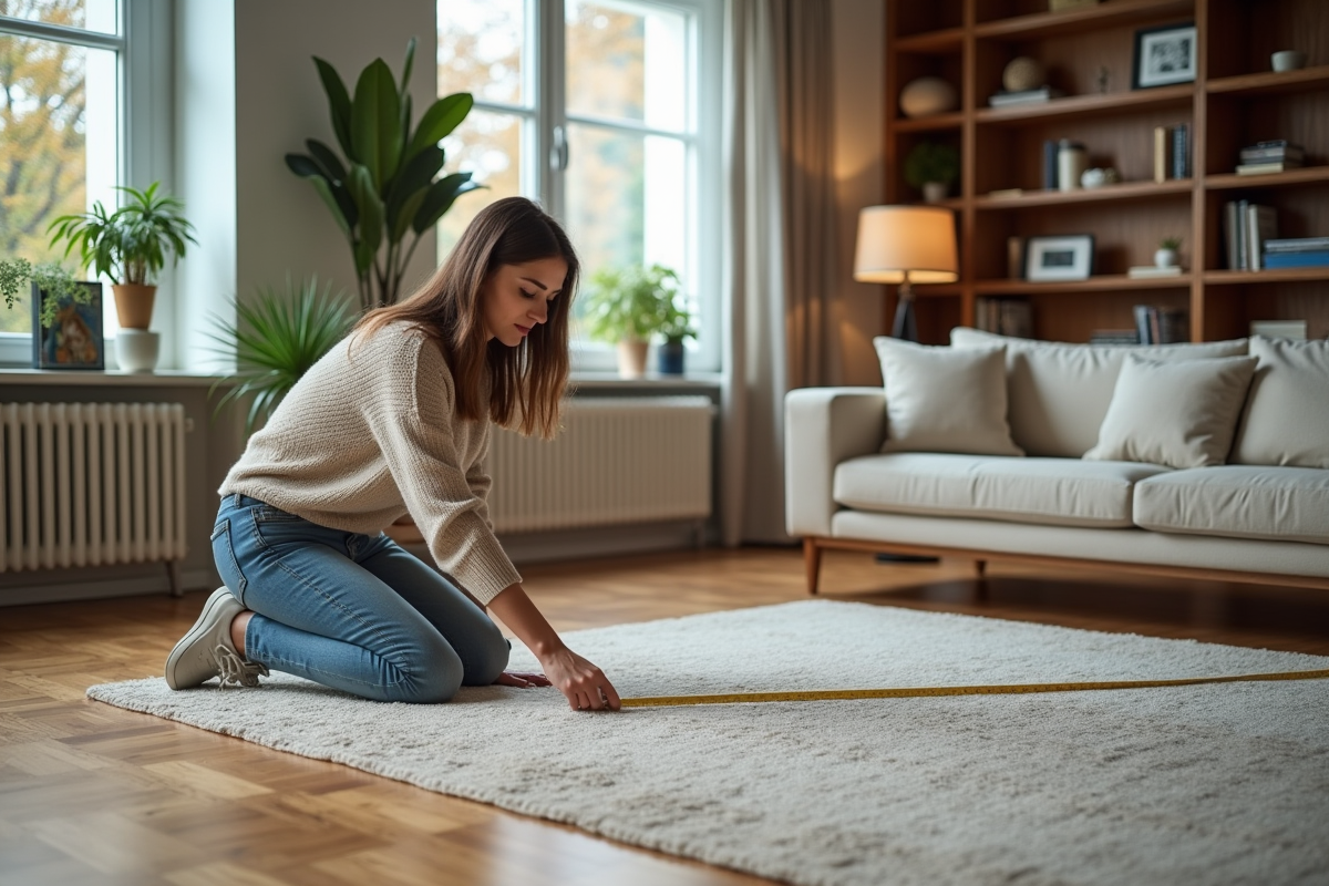 Jeune femme mesure un tapis dans un salon moderne et lumineux