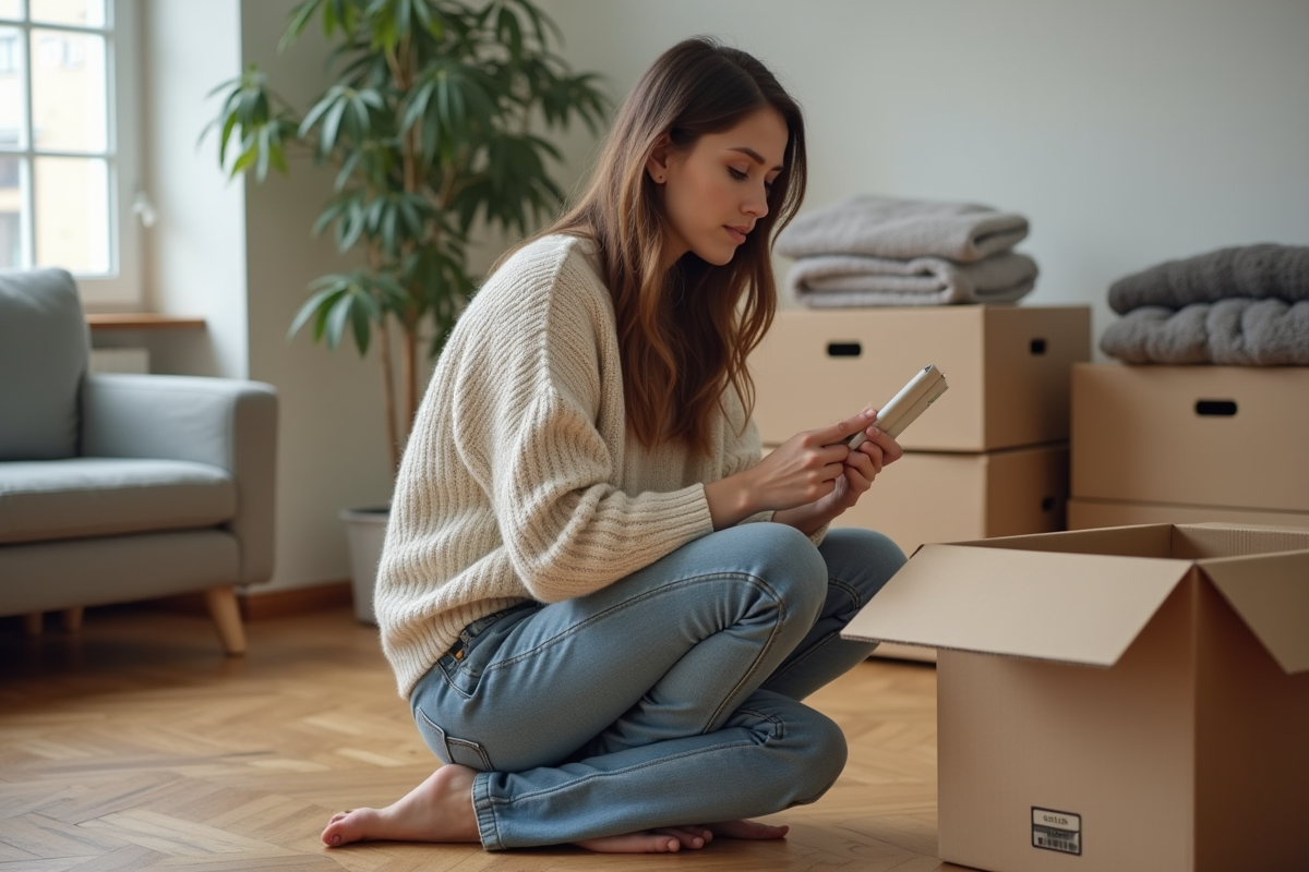 Jeune femme vérifiant une liste dans un appartement organisé