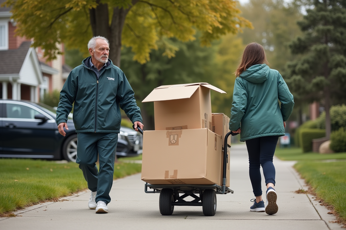 Adolescente et homme poussent une dolly avec cartons devant maison