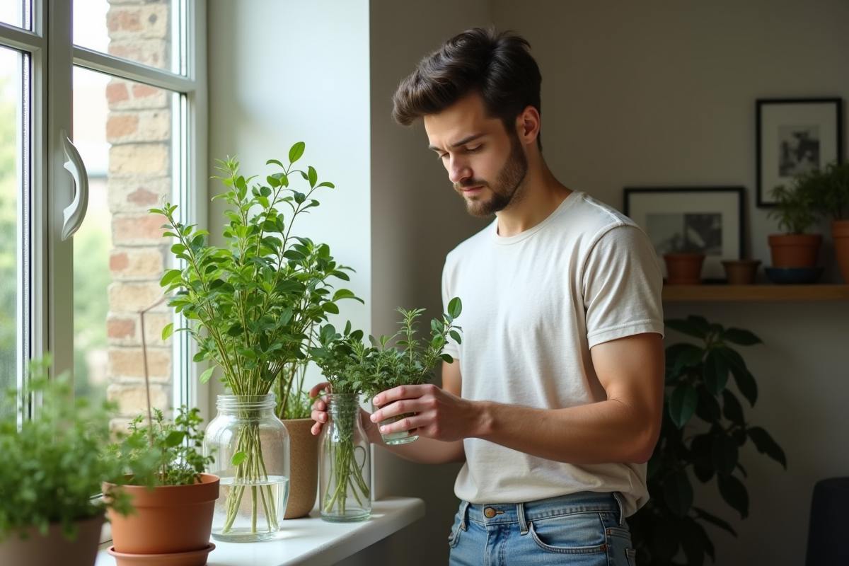 Jeune homme disposant des herbes dans des vases